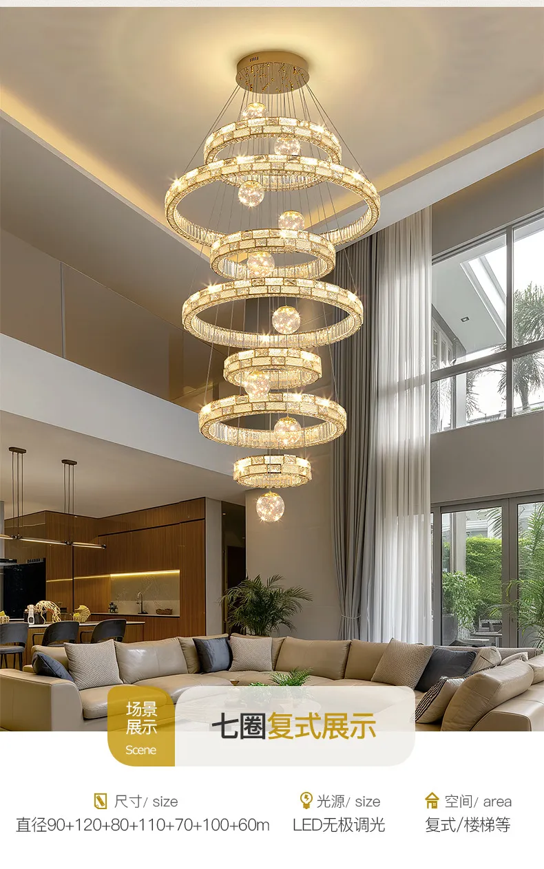 Crystal Chandelier for High Ceiling Villa Living Room - Elegant Luxury Spiral Staircase Lighting Fixture - Large Duplex Lamp showcase 8