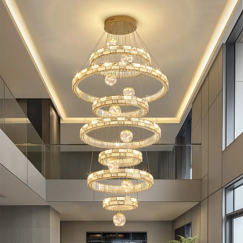 Crystal Chandelier for High Ceiling Villa Living Room - Elegant Luxury Spiral Staircase Lighting Fixture - Large Duplex Lamp