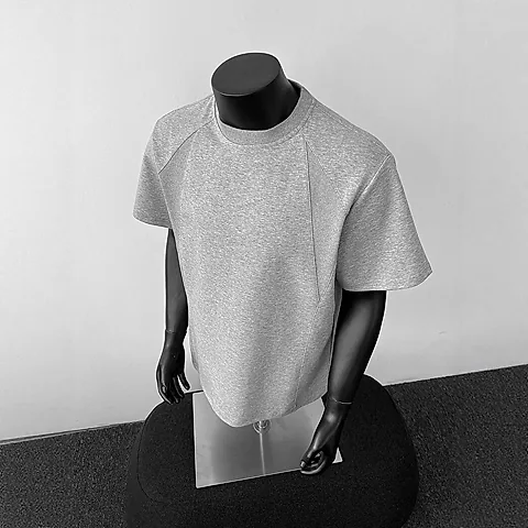 Men's Heavyweight Cotton T-Shirt - American Style Short Sleeve Crew Neck Tee - Casual Trendy Threaded Splicing Design - Comfortable Summer Top