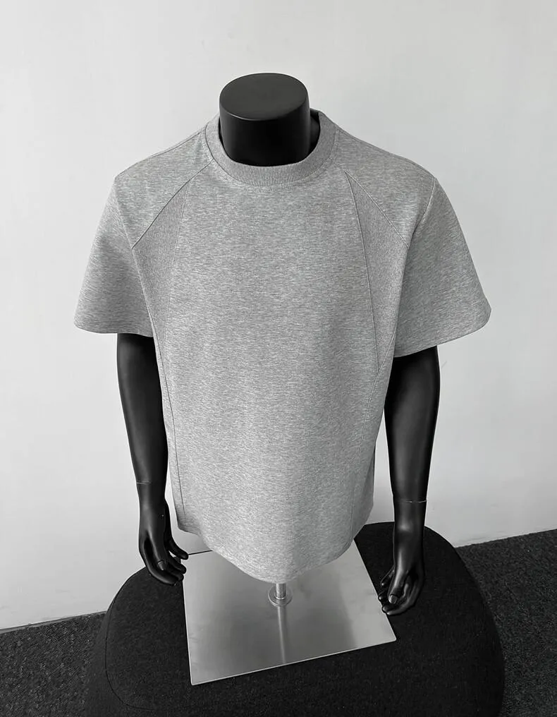 Men's Heavyweight Cotton T-Shirt - American Style Short Sleeve Crew Neck Tee - Casual Trendy Threaded Splicing Design - Comfortable Summer Top showcase 8