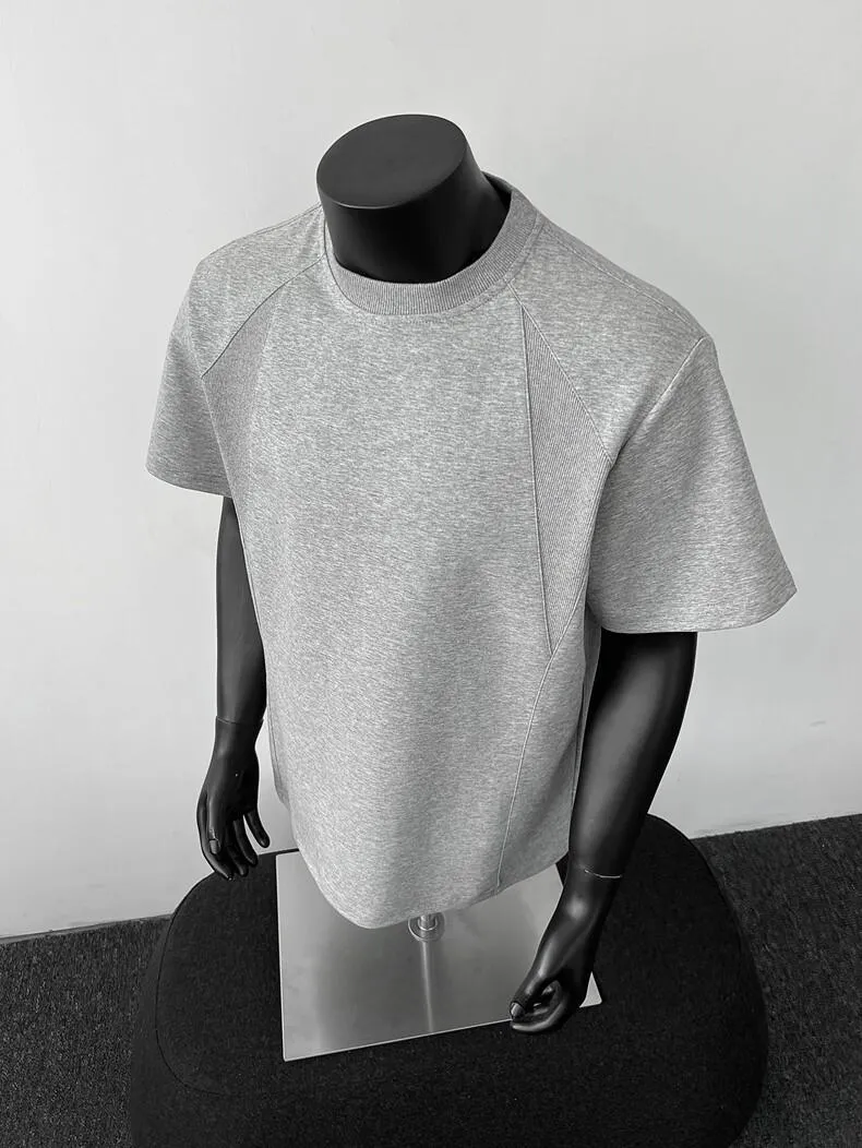 Men's Heavyweight Cotton T-Shirt - American Style Short Sleeve Crew Neck Tee - Casual Trendy Threaded Splicing Design - Comfortable Summer Top showcase 7