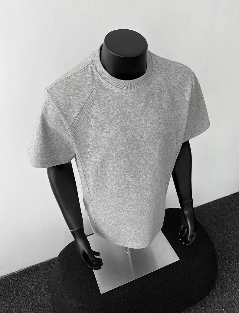 Men's Heavyweight Cotton T-Shirt - American Style Short Sleeve Crew Neck Tee - Casual Trendy Threaded Splicing Design - Comfortable Summer Top showcase 9