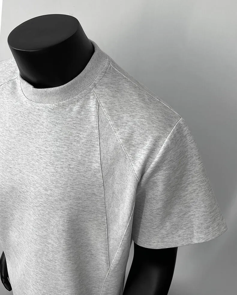 Men's Heavyweight Cotton T-Shirt - American Style Short Sleeve Crew Neck Tee - Casual Trendy Threaded Splicing Design - Comfortable Summer Top showcase 13