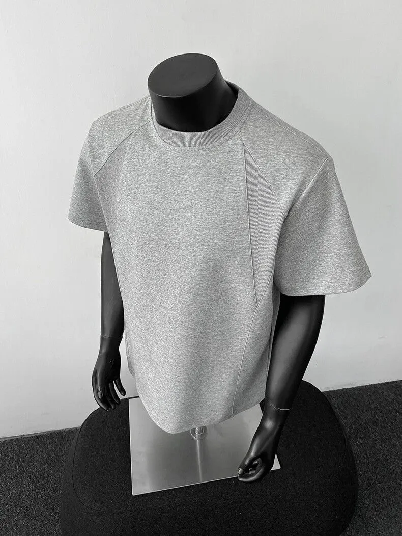 Men's Heavyweight Cotton T-Shirt - American Style Short Sleeve Crew Neck Tee - Casual Trendy Threaded Splicing Design - Comfortable Summer Top thumbnail 8
