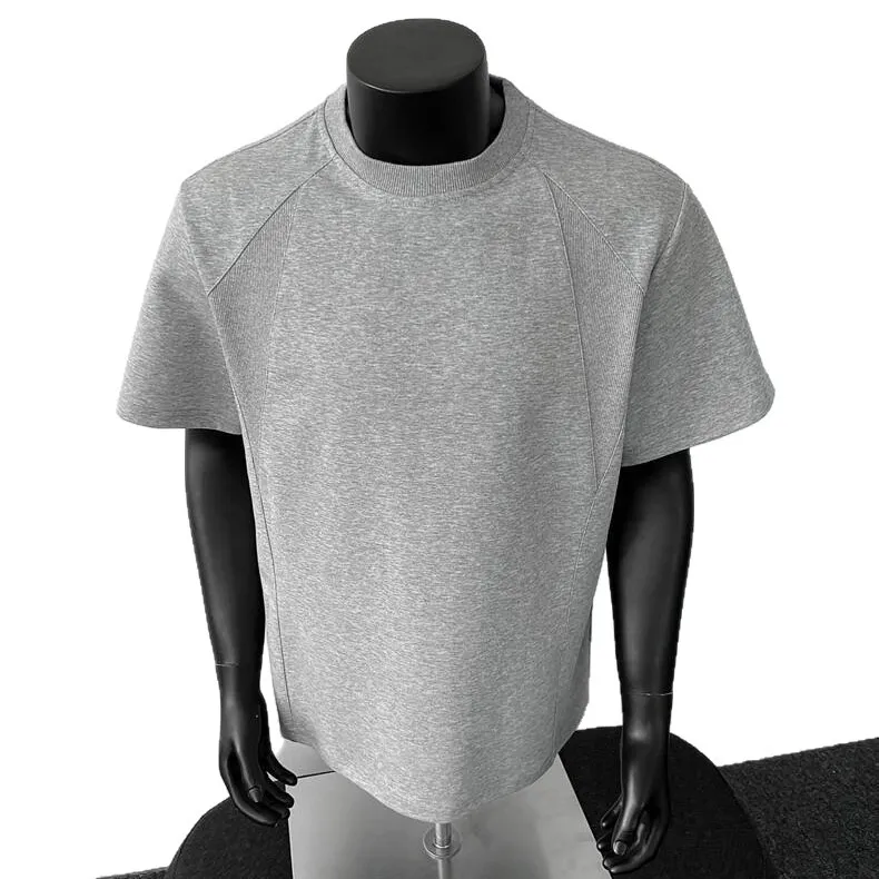 Men's Heavyweight Cotton T-Shirt - American Style Short Sleeve Crew Neck Tee - Casual Trendy Threaded Splicing Design - Comfortable Summer Top thumbnail 5