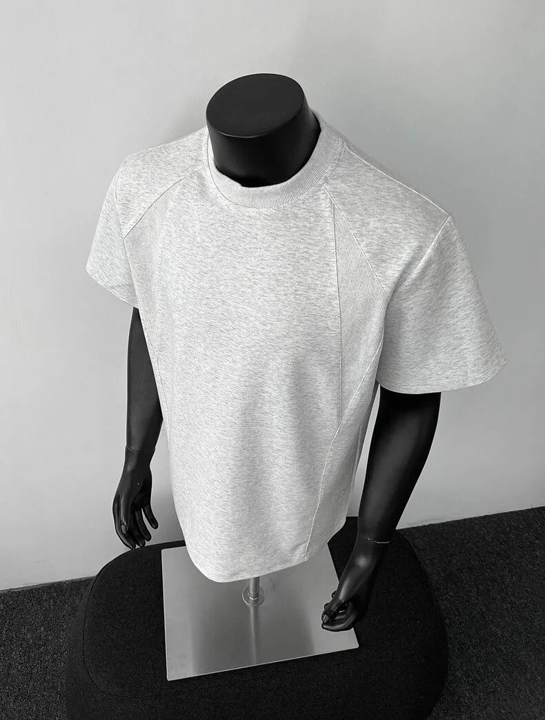 Men's Heavyweight Cotton T-Shirt - American Style Short Sleeve Crew Neck Tee - Casual Trendy Threaded Splicing Design - Comfortable Summer Top thumbnail 6
