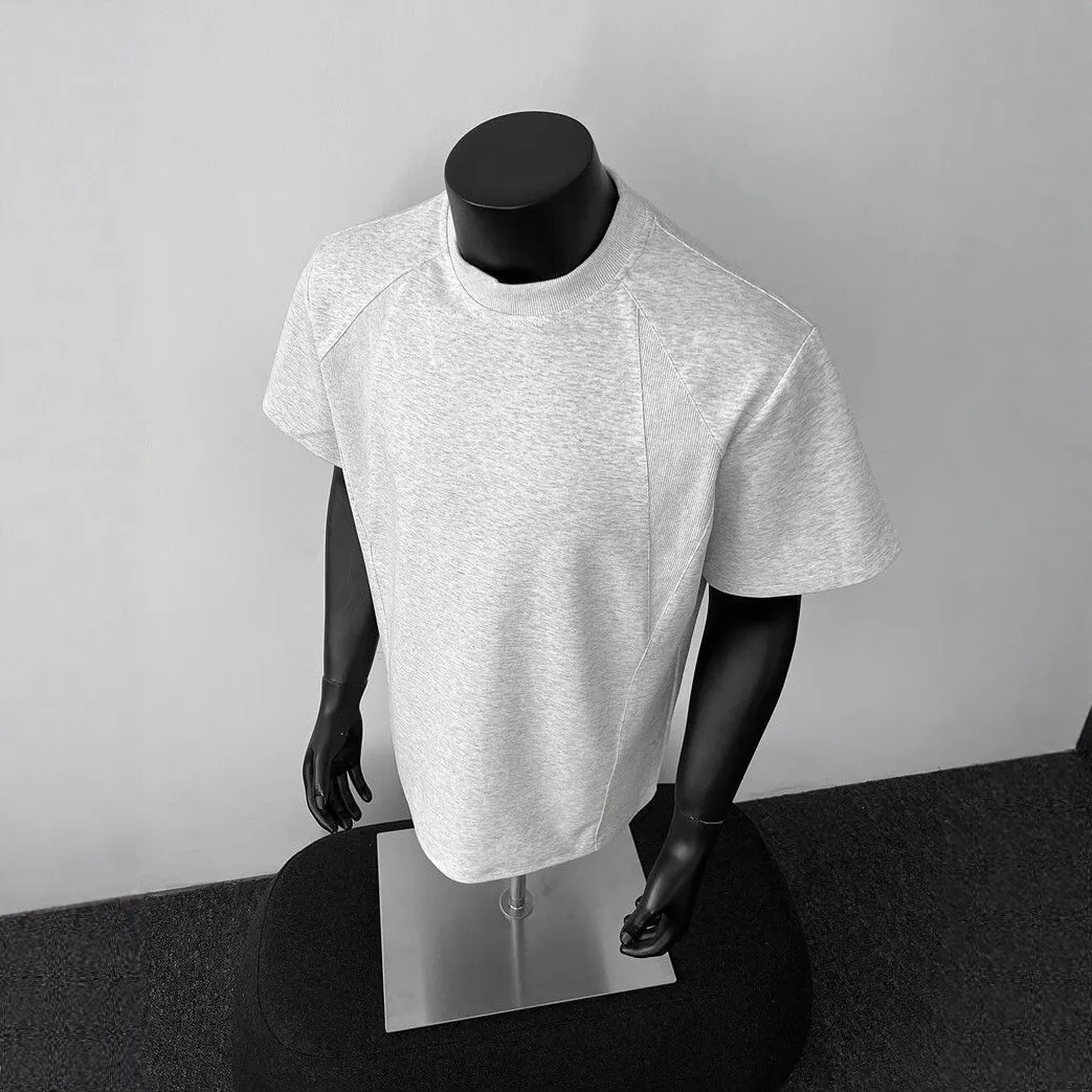 Men's Heavyweight Cotton T-Shirt - American Style Short Sleeve Crew Neck Tee - Casual Trendy Threaded Splicing Design - Comfortable Summer Top thumbnail 2