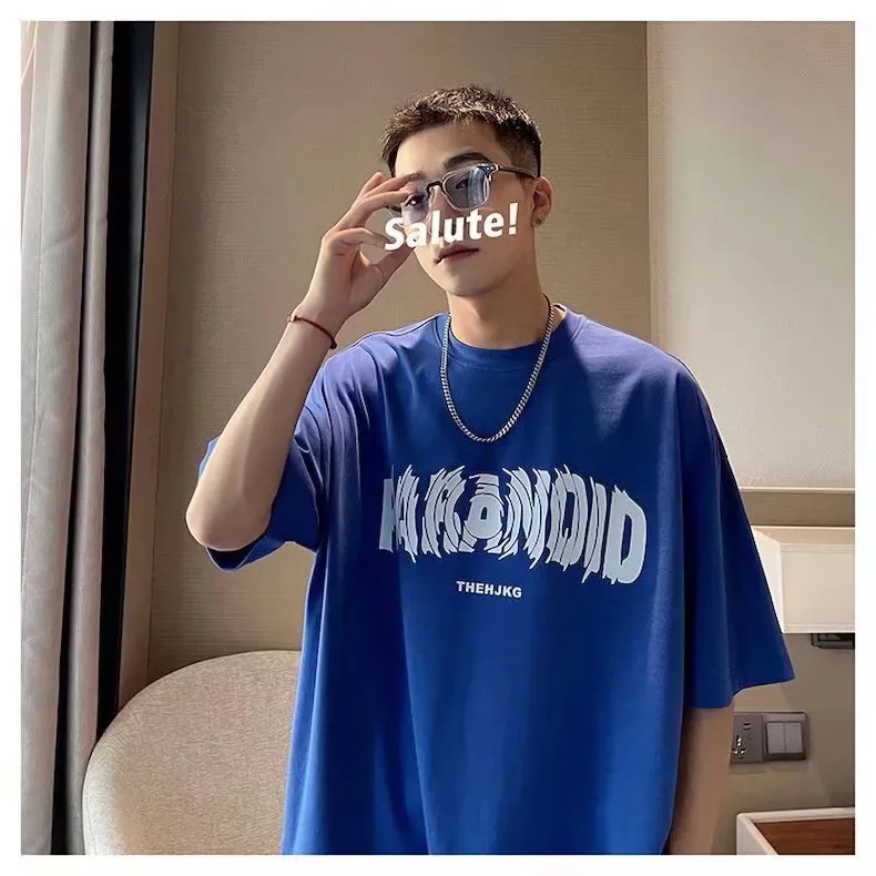 Men's Cotton Short Sleeve T-Shirt - Loose Fit Round Neck Trendy Top with Letter Print - Casual Hong Kong Style Tee for Men showcase 6
