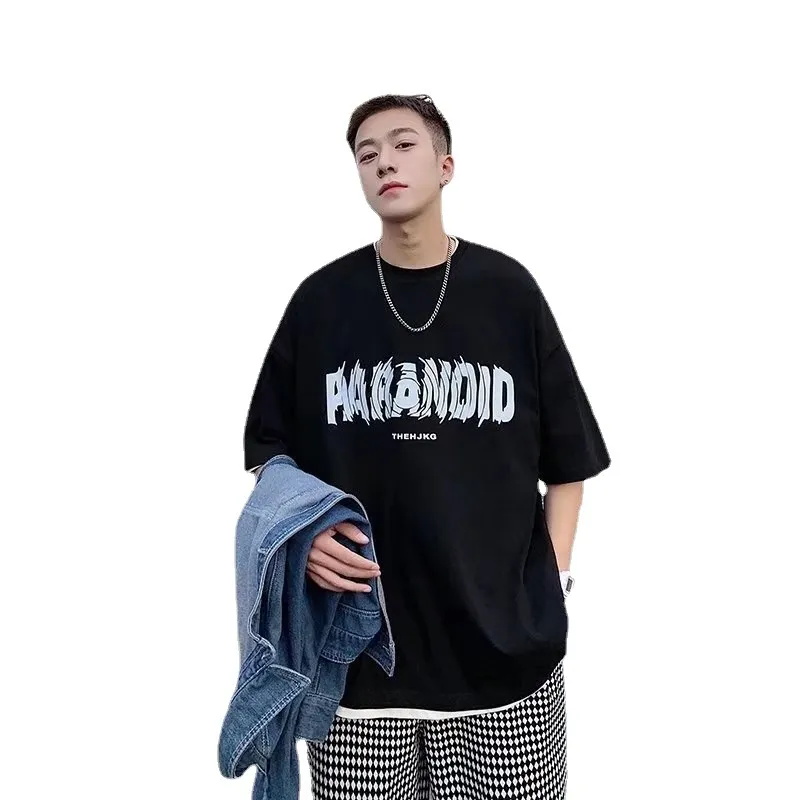 Men's Cotton Short Sleeve T-Shirt - Loose Fit Round Neck Trendy Top with Letter Print - Casual Hong Kong Style Tee for Men thumbnail 5
