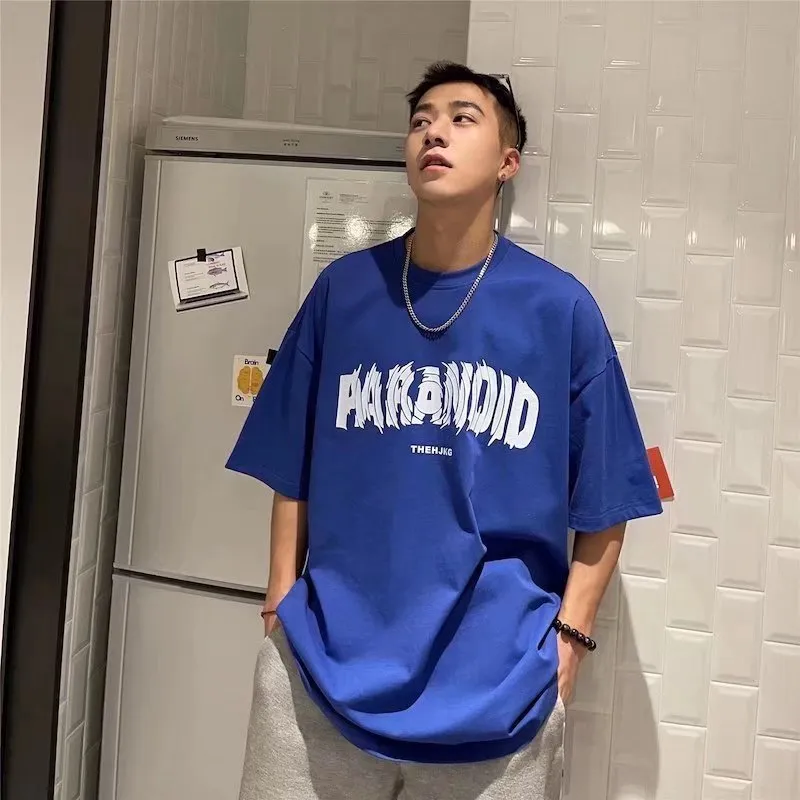 Men's Cotton Short Sleeve T-Shirt - Loose Fit Round Neck Trendy Top with Letter Print - Casual Hong Kong Style Tee for Men thumbnail 4