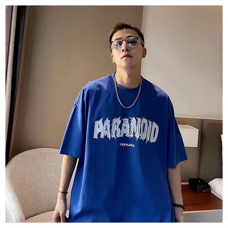 Men's Cotton Short Sleeve T-Shirt - Loose Fit Round Neck Trendy Top with Letter Print - Casual Hong Kong Style Tee for Men thumbnail 3