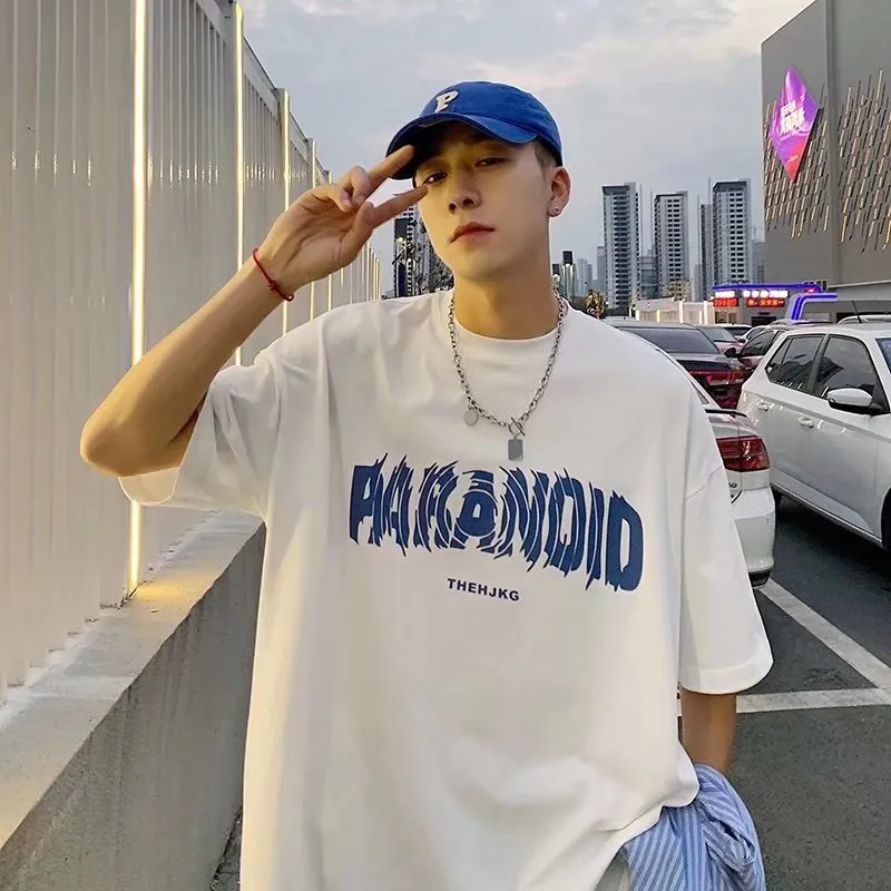 Men's Cotton Short Sleeve T-Shirt - Loose Fit Round Neck Trendy Top with Letter Print - Casual Hong Kong Style Tee for Men thumbnail 1