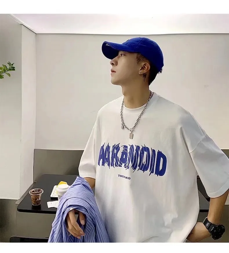 Men's Cotton Short Sleeve T-Shirt - Loose Fit Round Neck Trendy Top with Letter Print - Casual Hong Kong Style Tee for Men showcase 8