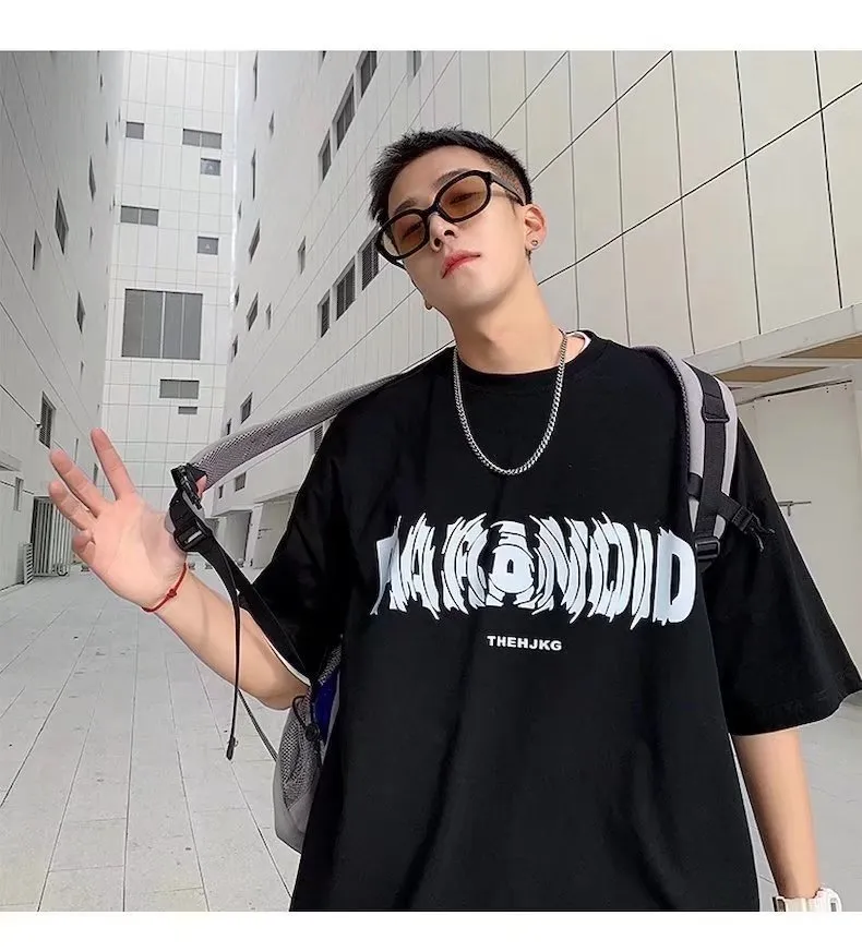 Men's Cotton Short Sleeve T-Shirt - Loose Fit Round Neck Trendy Top with Letter Print - Casual Hong Kong Style Tee for Men showcase 12