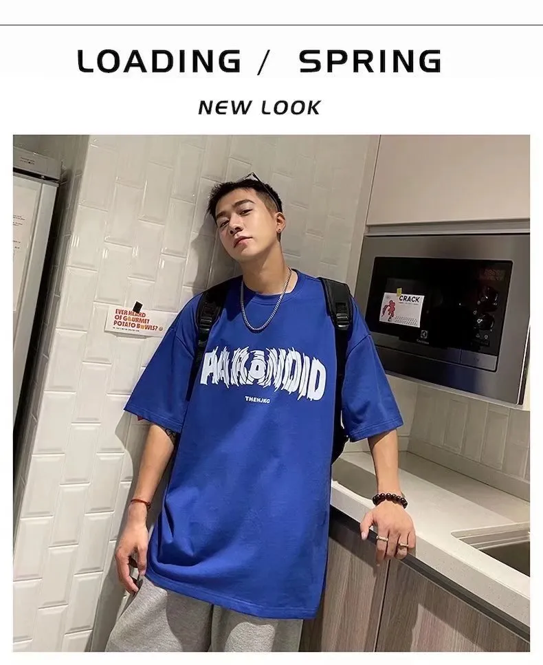 Men's Cotton Short Sleeve T-Shirt - Loose Fit Round Neck Trendy Top with Letter Print - Casual Hong Kong Style Tee for Men showcase 3