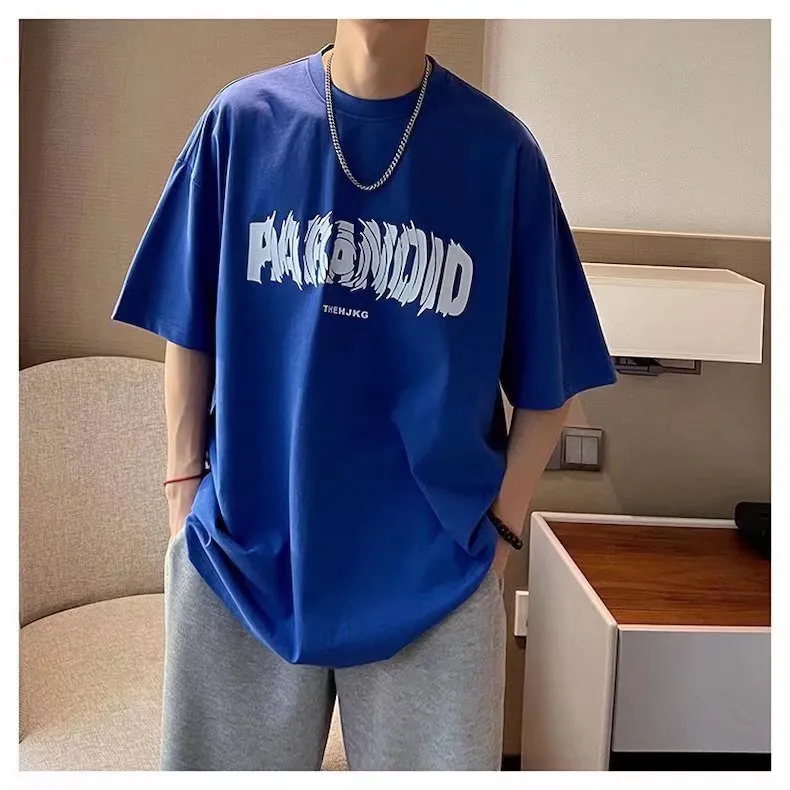 Men's Cotton Short Sleeve T-Shirt - Loose Fit Round Neck Trendy Top with Letter Print - Casual Hong Kong Style Tee for Men showcase 5