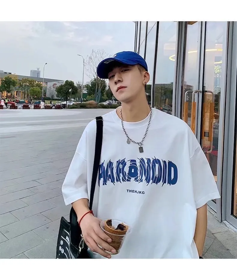 Men's Cotton Short Sleeve T-Shirt - Loose Fit Round Neck Trendy Top with Letter Print - Casual Hong Kong Style Tee for Men showcase 7