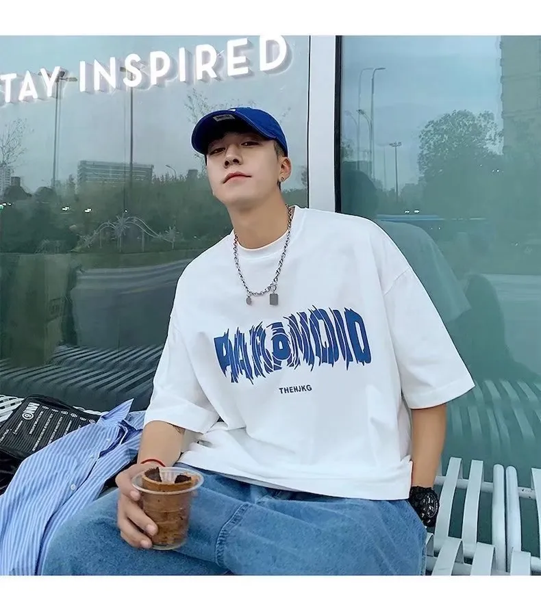 Men's Cotton Short Sleeve T-Shirt - Loose Fit Round Neck Trendy Top with Letter Print - Casual Hong Kong Style Tee for Men showcase 10