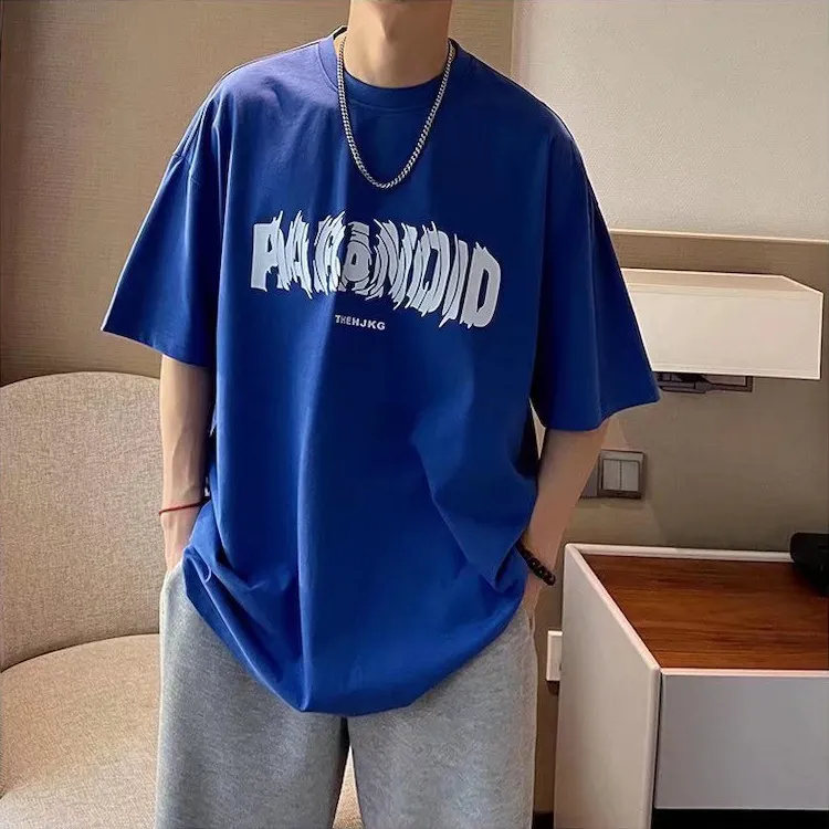 Men's Cotton Short Sleeve T-Shirt - Loose Fit Round Neck Trendy Top with Letter Print - Casual Hong Kong Style Tee for Men thumbnail 9