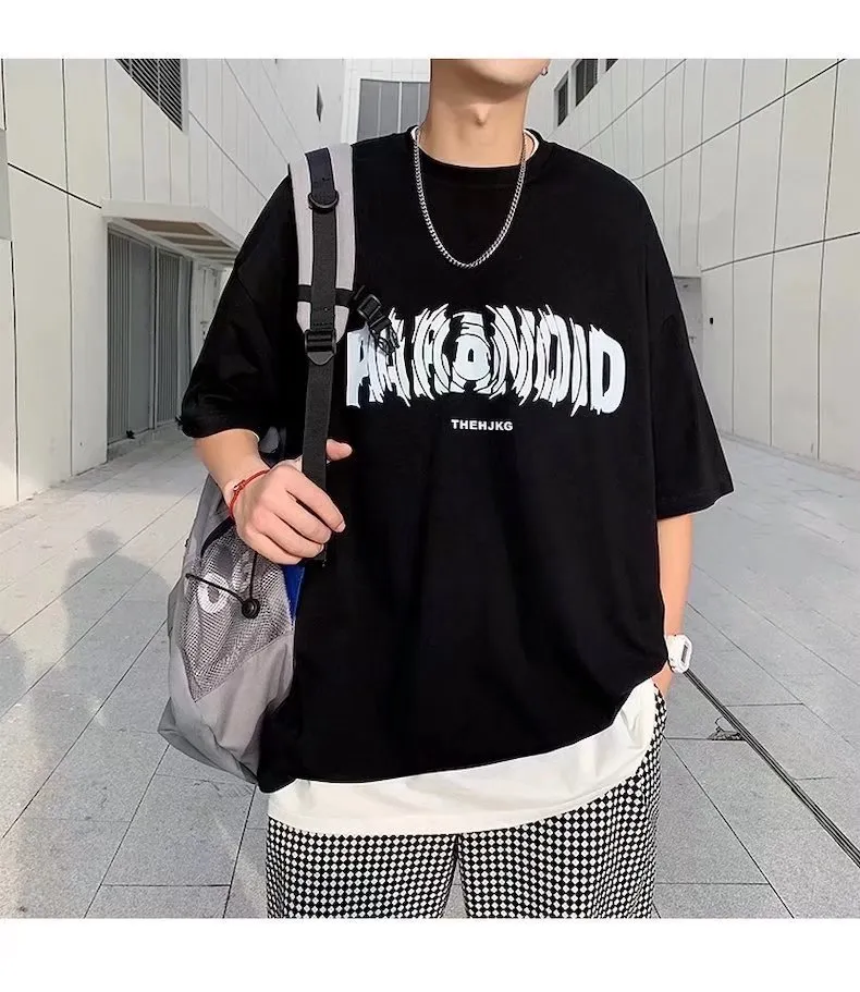 Men's Cotton Short Sleeve T-Shirt - Loose Fit Round Neck Trendy Top with Letter Print - Casual Hong Kong Style Tee for Men showcase 11
