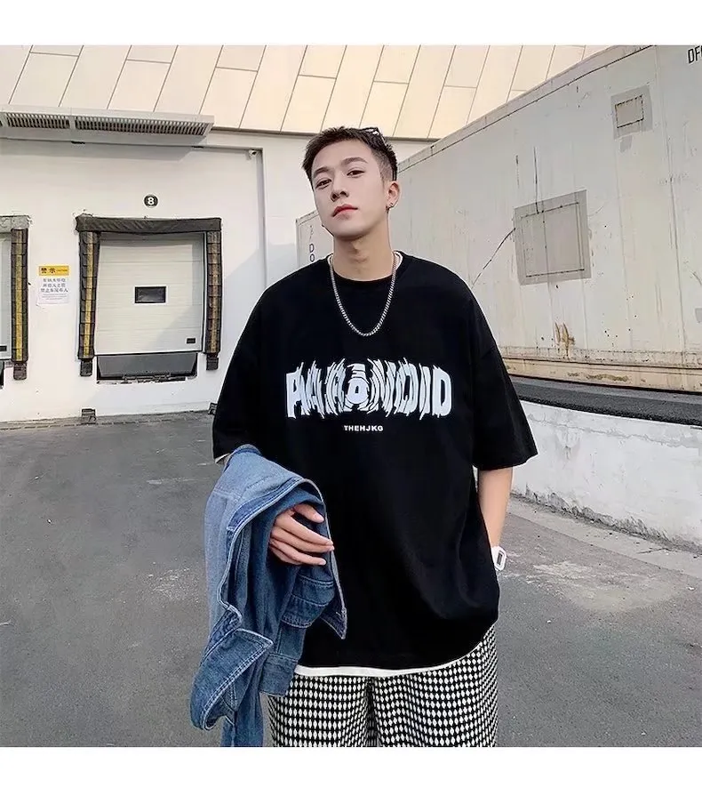 Men's Cotton Short Sleeve T-Shirt - Loose Fit Round Neck Trendy Top with Letter Print - Casual Hong Kong Style Tee for Men showcase 13