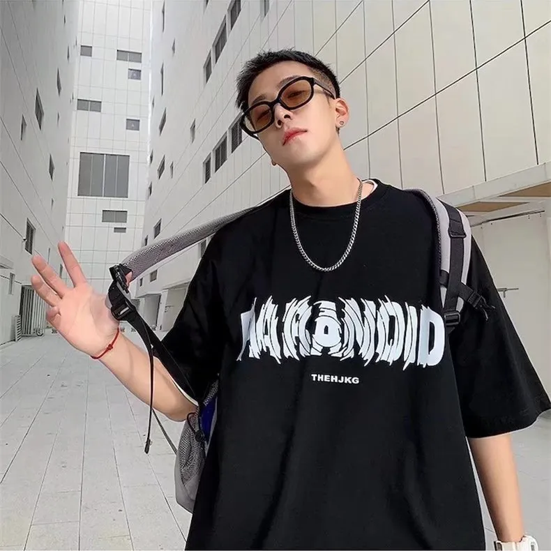 Men's Cotton Short Sleeve T-Shirt - Loose Fit Round Neck Trendy Top with Letter Print - Casual Hong Kong Style Tee for Men thumbnail 2
