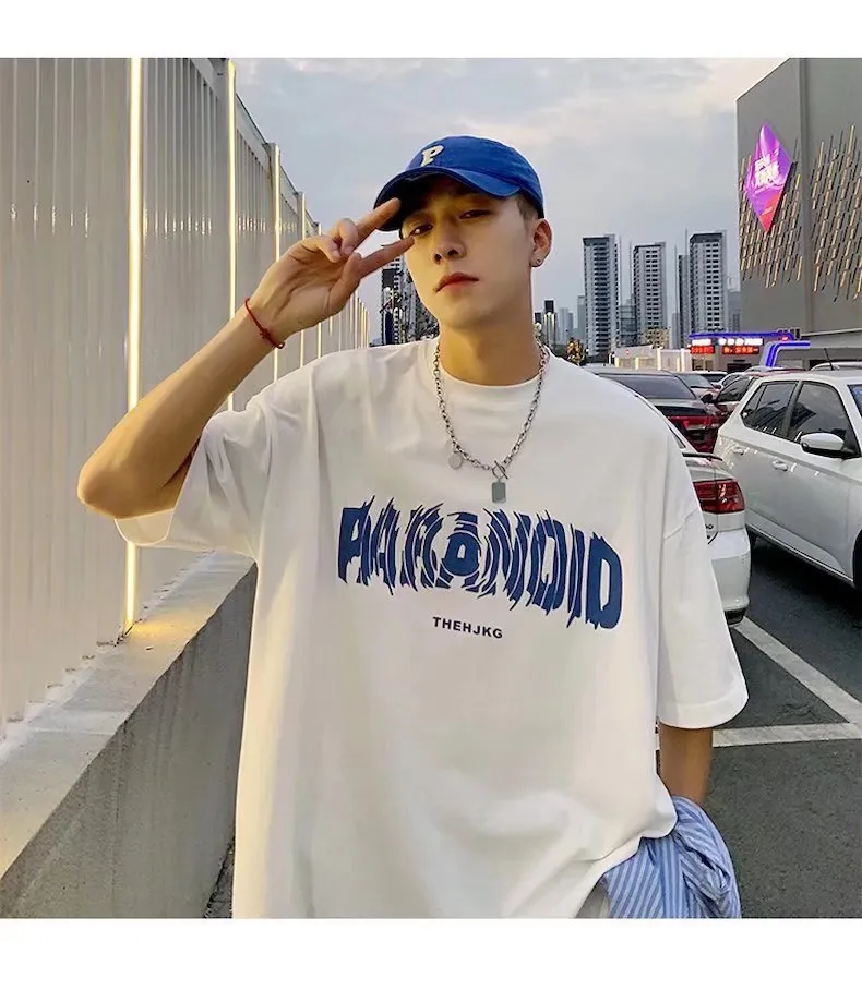 Men's Cotton Short Sleeve T-Shirt - Loose Fit Round Neck Trendy Top with Letter Print - Casual Hong Kong Style Tee for Men showcase 9