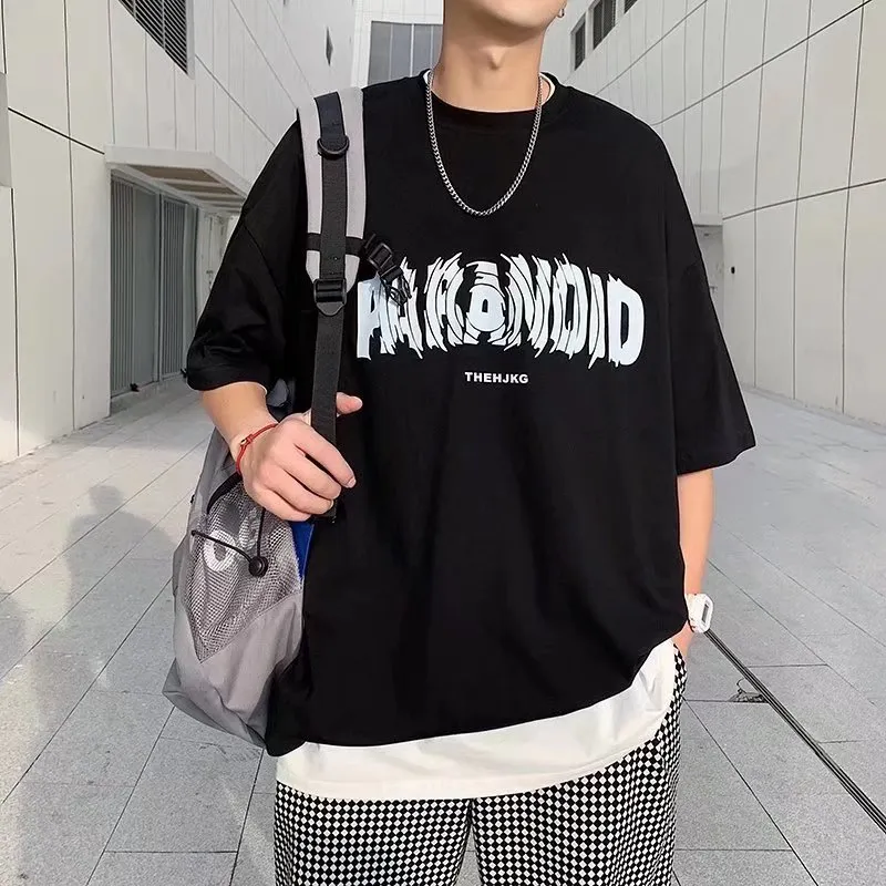 Men's Cotton Short Sleeve T-Shirt - Loose Fit Round Neck Trendy Top with Letter Print - Casual Hong Kong Style Tee for Men thumbnail 7