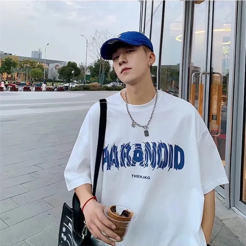 Men's Cotton Short Sleeve T-Shirt - Loose Fit Round Neck Trendy Top with Letter Print - Casual Hong Kong Style Tee for Men thumbnail 6