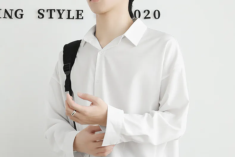 Men's Ice Silk Long Sleeve Shirt - Lightweight Draped Black/White Casual Button Down Shirt for Spring/Autumn Fashion showcase 12