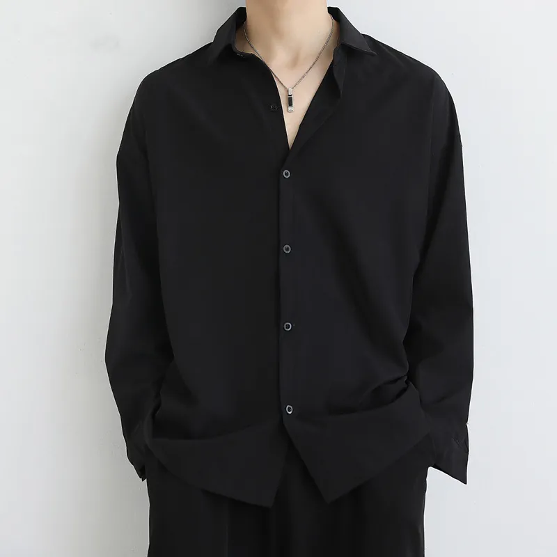 Men's Ice Silk Long Sleeve Shirt - Lightweight Draped Black/White Casual Button Down Shirt for Spring/Autumn Fashion thumbnail 8