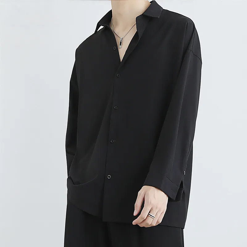 Men's Ice Silk Long Sleeve Shirt - Lightweight Draped Black/White Casual Button Down Shirt for Spring/Autumn Fashion thumbnail 2