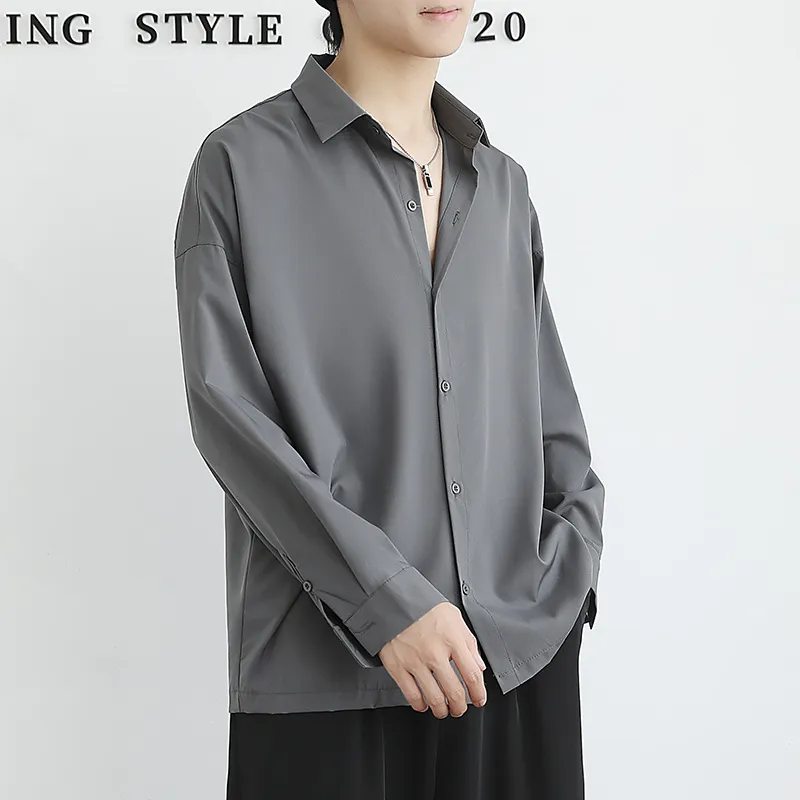 Men's Ice Silk Long Sleeve Shirt - Lightweight Draped Black/White Casual Button Down Shirt for Spring/Autumn Fashion thumbnail 7
