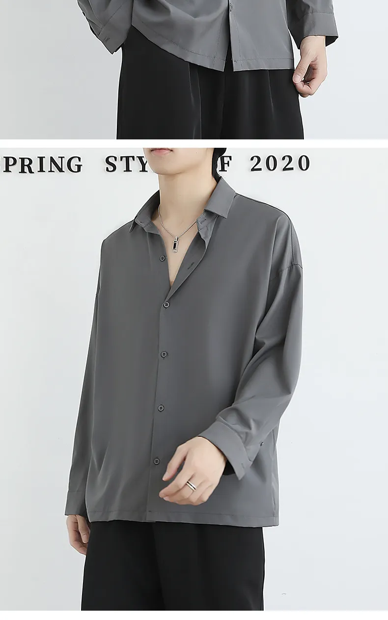 Men's Ice Silk Long Sleeve Shirt - Lightweight Draped Black/White Casual Button Down Shirt for Spring/Autumn Fashion showcase 9