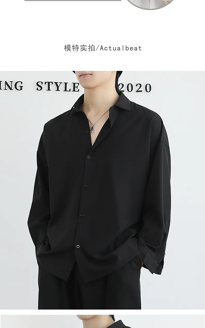 Men's Ice Silk Long Sleeve Shirt - Lightweight Draped Black/White Casual Button Down Shirt for Spring/Autumn Fashion showcase 6