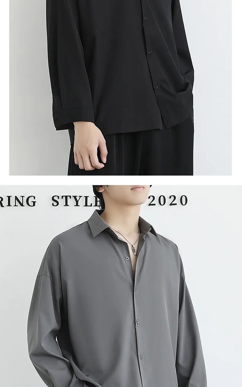 Men's Ice Silk Long Sleeve Shirt - Lightweight Draped Black/White Casual Button Down Shirt for Spring/Autumn Fashion showcase 8