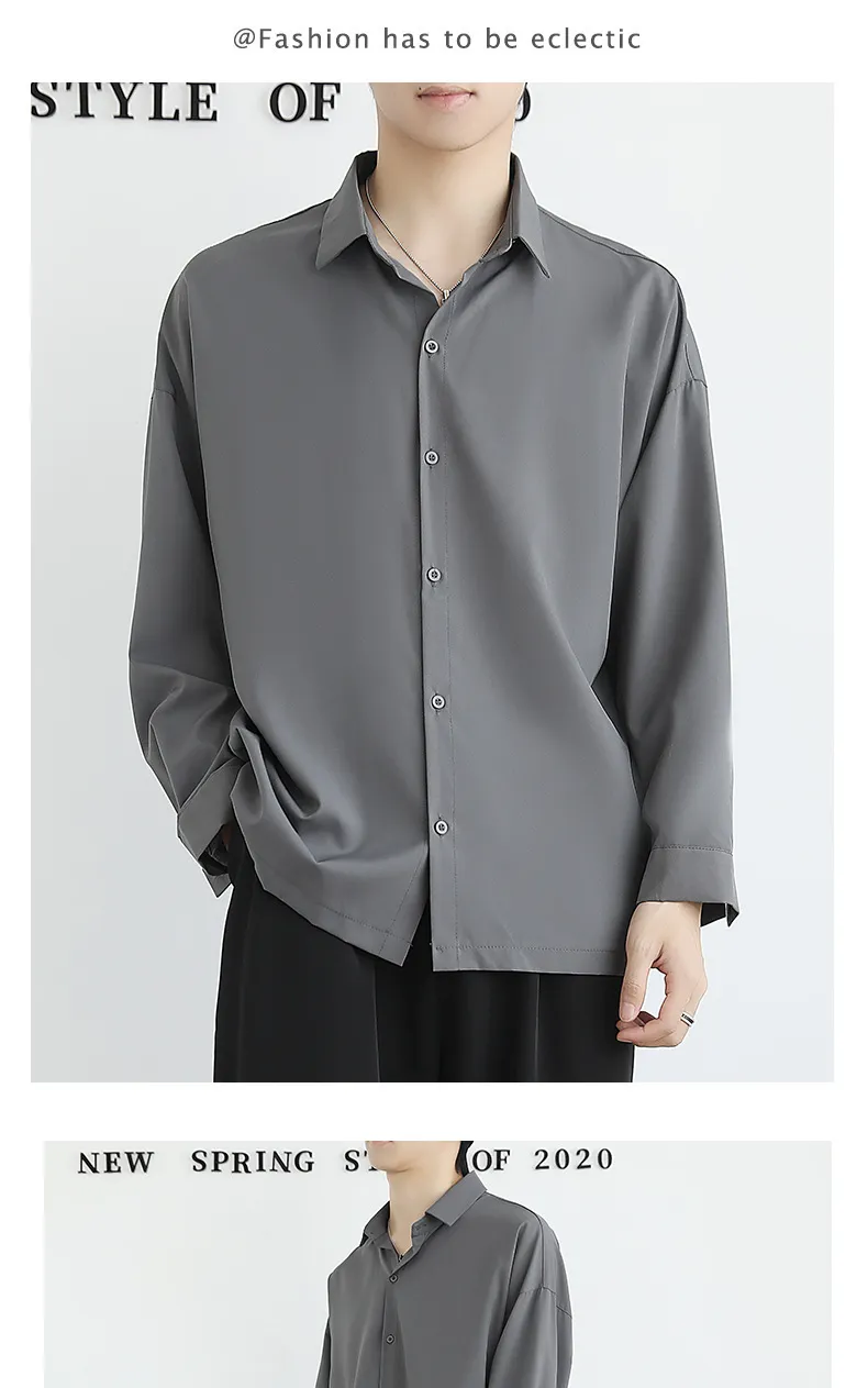 Men's Ice Silk Long Sleeve Shirt - Lightweight Draped Black/White Casual Button Down Shirt for Spring/Autumn Fashion showcase 10
