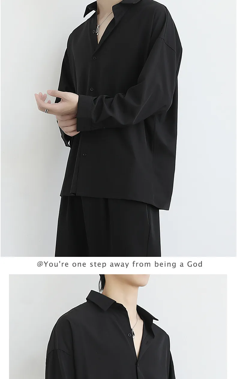 Men's Ice Silk Long Sleeve Shirt - Lightweight Draped Black/White Casual Button Down Shirt for Spring/Autumn Fashion showcase 7