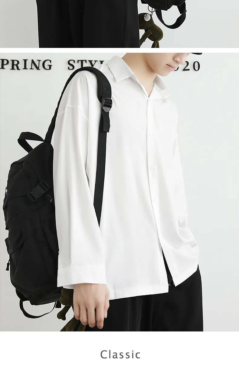 Men's Ice Silk Long Sleeve Shirt - Lightweight Draped Black/White Casual Button Down Shirt for Spring/Autumn Fashion showcase 14