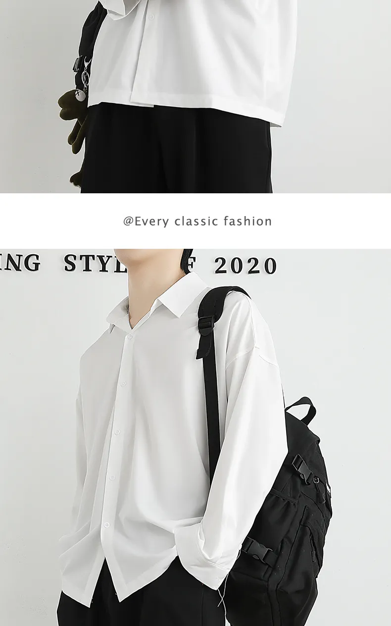 Men's Ice Silk Long Sleeve Shirt - Lightweight Draped Black/White Casual Button Down Shirt for Spring/Autumn Fashion showcase 13