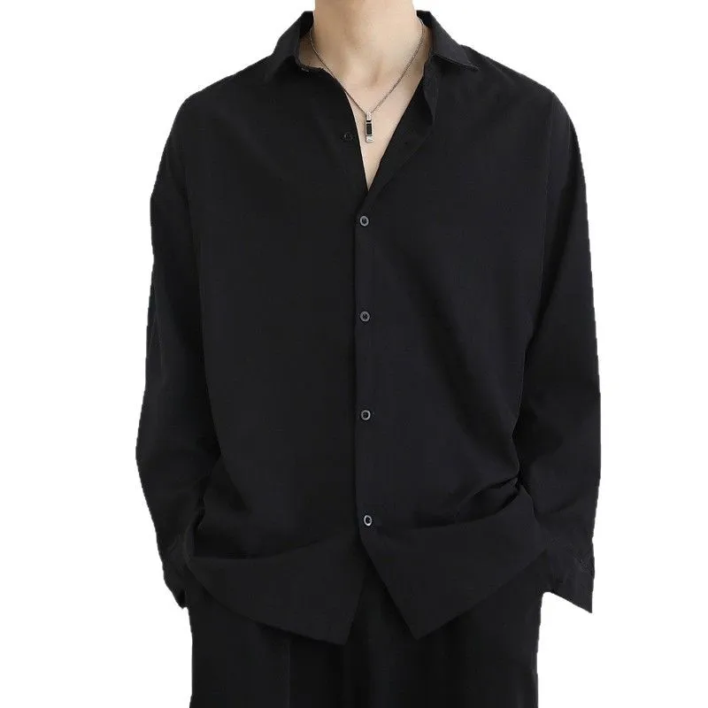 Men's Ice Silk Long Sleeve Shirt - Lightweight Draped Black/White Casual Button Down Shirt for Spring/Autumn Fashion thumbnail 5