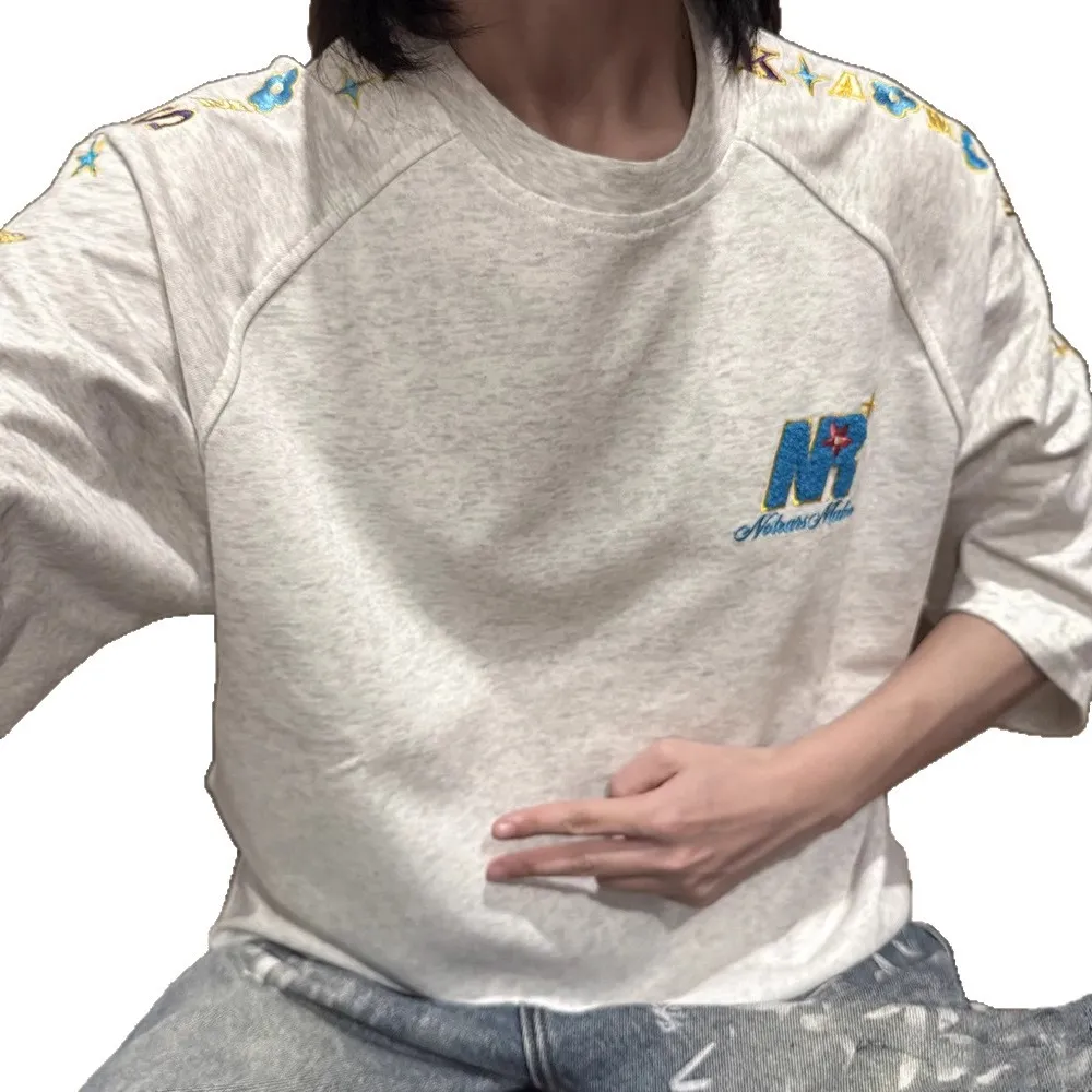 Men's Floral Embroidered Raglan T-Shirt - American Style Short Sleeve Cityboy Tee - High-End Cool Couple Matching Top thumbnail 5