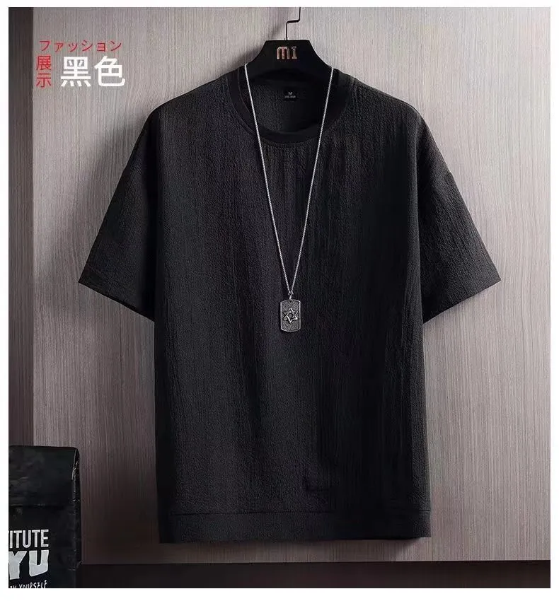 Men's Short Sleeve T-Shirt Summer Cotton Linen Blend Top - Breathable Solid Color Casual Tee for Men's Fashion showcase 8