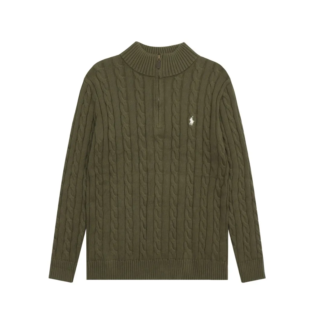 Men's Classic Cable Knit Sweater with Embroidered Pony Logo - High Collar Half-Zip Pullover for Casual Style thumbnail 10