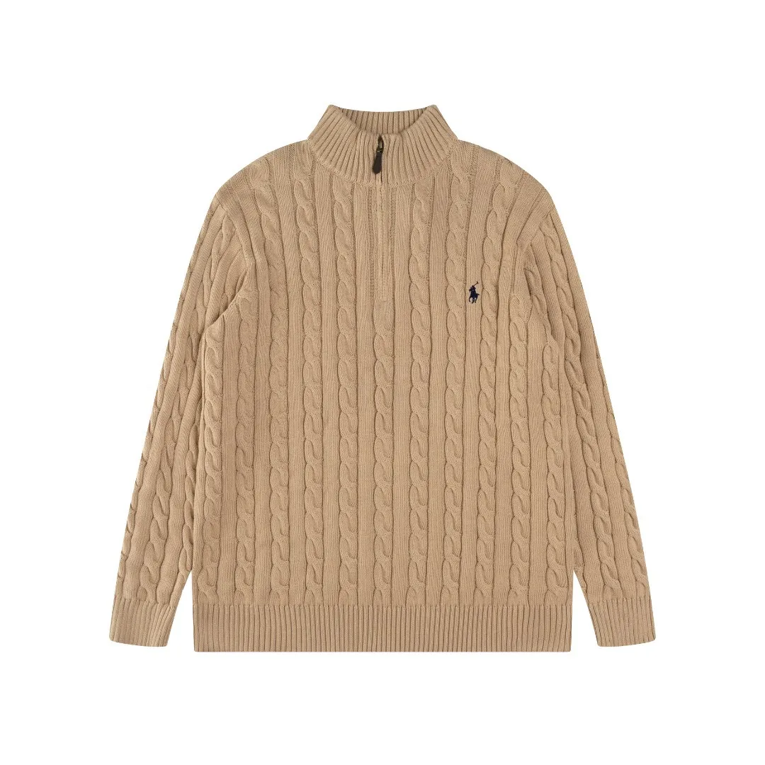 Men's Classic Cable Knit Sweater with Embroidered Pony Logo - High Collar Half-Zip Pullover for Casual Style thumbnail 3