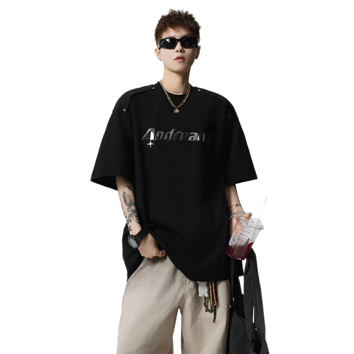 Men's Heavyweight Cotton T-Shirt - Trendy Summer Short Sleeve Crew Neck Tee with Letter Print - Loose Fit Casual Top thumbnail 5