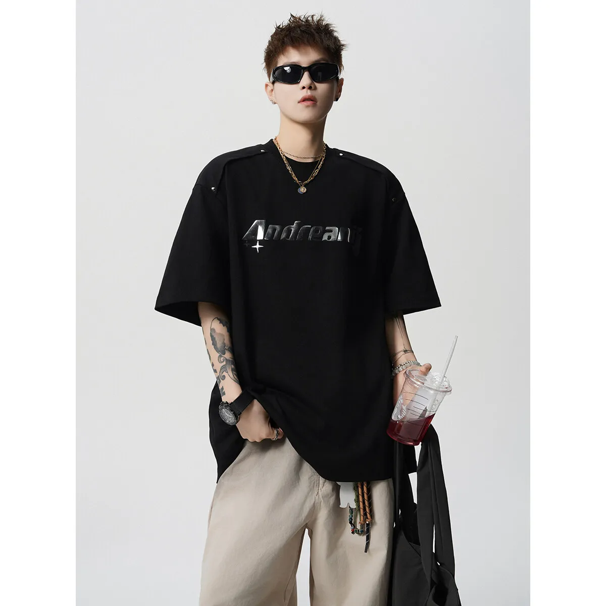 Men's Heavyweight Cotton T-Shirt - Trendy Summer Short Sleeve Crew Neck Tee with Letter Print - Loose Fit Casual Top thumbnail 2