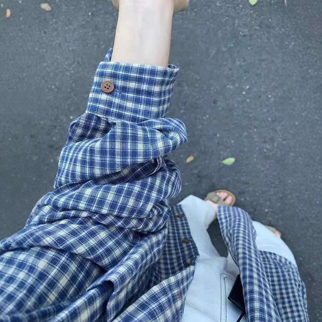 Men's Blue Plaid Striped Long Sleeve Shirt - 2025 Spring Autumn French Retro Jacket for Slim Fit thumbnail 1