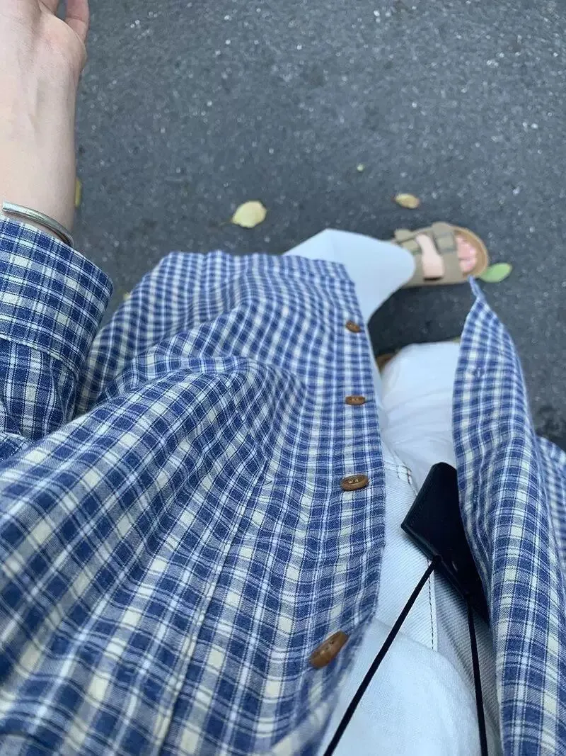 Men's Blue Plaid Striped Long Sleeve Shirt - 2025 Spring Autumn French Retro Jacket for Slim Fit showcase 6