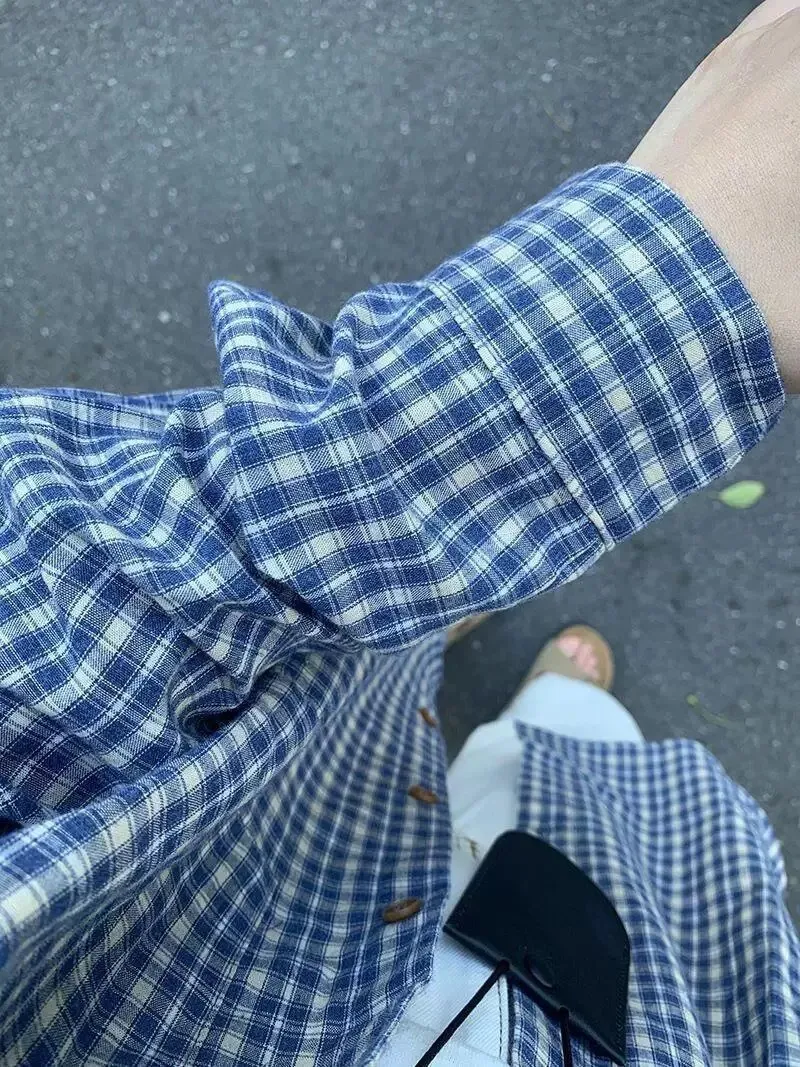 Men's Blue Plaid Striped Long Sleeve Shirt - 2025 Spring Autumn French Retro Jacket for Slim Fit showcase 7